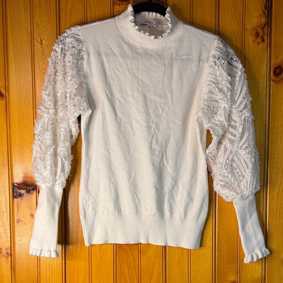 Sioni Sweaters - Sioni White Textured with Pearl Embellishments SleevedTurtleneck Sweater